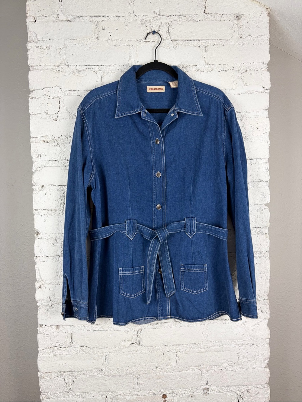 VTG Crossroads Denim Belted Button Collared Jacket 90s Large